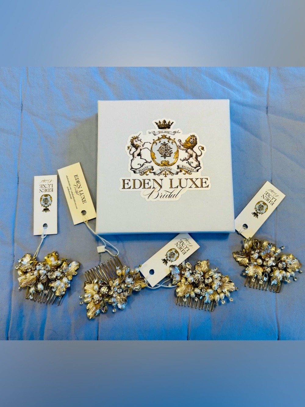 Eden Luxe NWT Bridal Gold and Pearl 4 Floral Gold and Crystal Comb Set